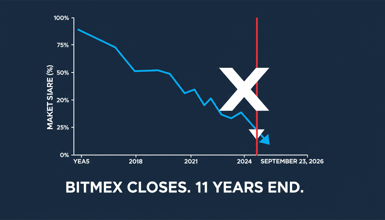 A graphic illustrating the decline of BitMEX's market share and its closure date.