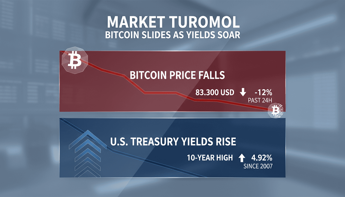 A graph illustrating Bitcoin's price decline alongside the rise of U.S. Treasury yields.