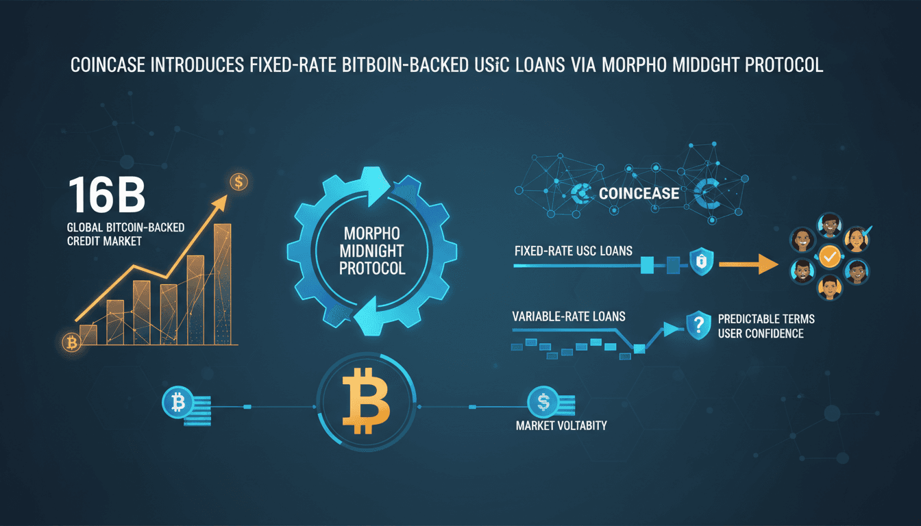 Infographic showing the impact of Coinbase's fixed-rate bitcoin-backed USDC loans on the crypto lending market.
