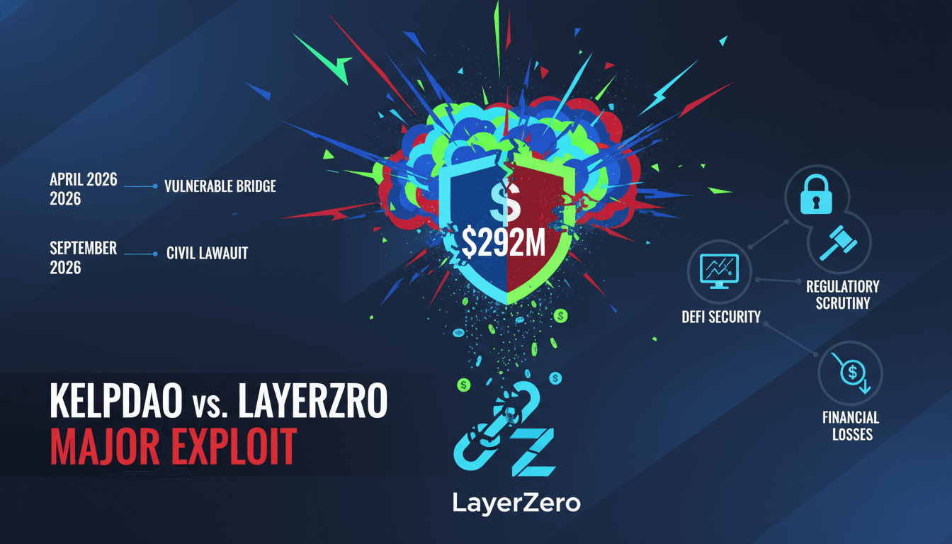 Infographic detailing KelpDAO's lawsuit against LayerZero over the $292 million rsETH exploit and its impact on DeFi security.