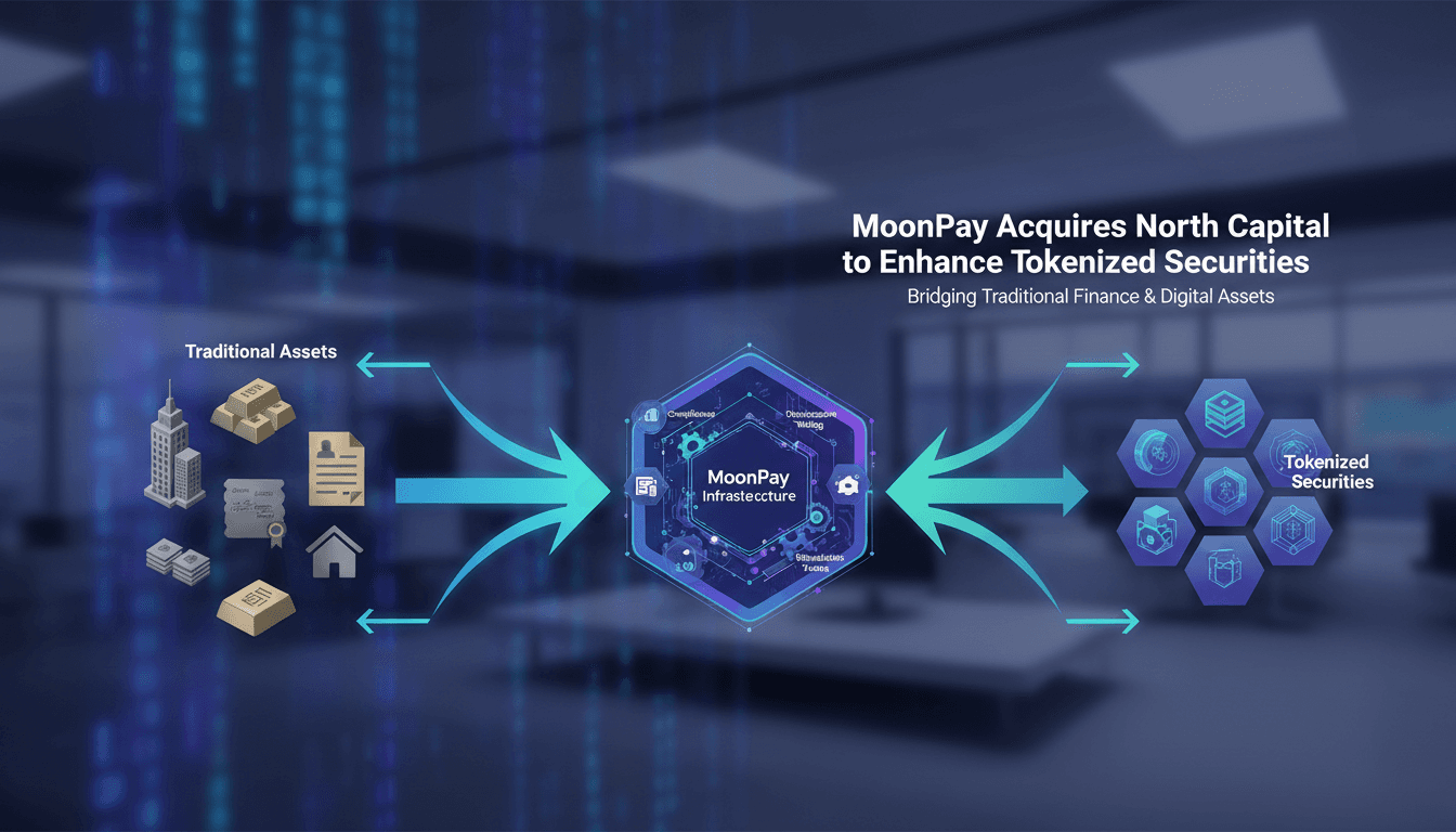 Infographic showing MoonPay's acquisition of North Capital and its impact on tokenized securities infrastructure.