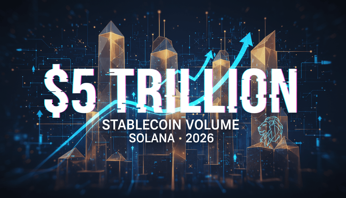 A graphic illustrating Solana's $5 trillion stablecoin volume, highlighting its impact on institutional finance and payments.