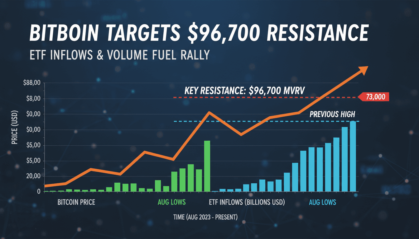 A chart illustrating Bitcoin's price movement towards $96,700 resistance level with ETF inflows and trading volume data.