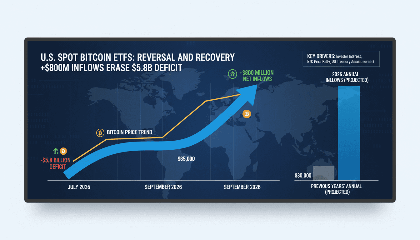 Infographic illustrating the recovery of U.S. spot Bitcoin ETFs, showing inflows and Bitcoin price trends.