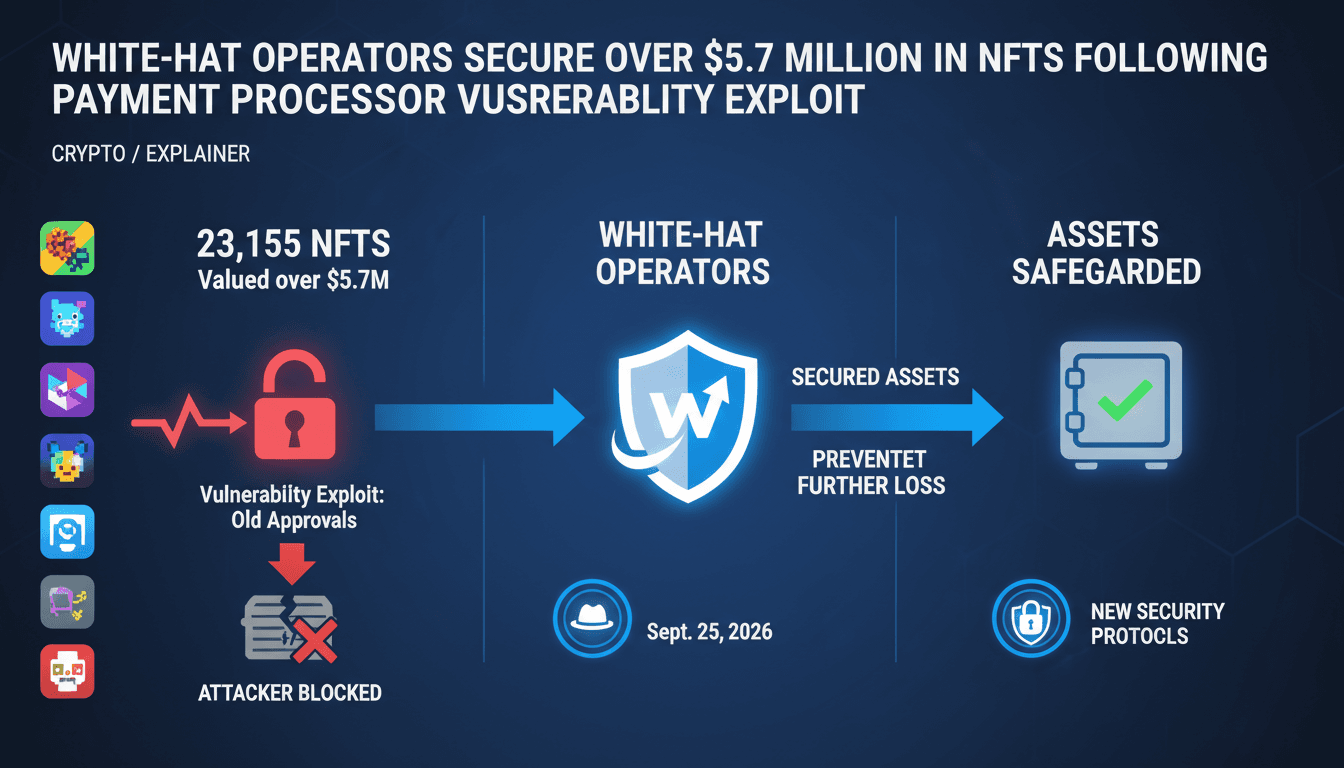 Infographic showing the rescue of 23,155 NFTs valued at $5.7 million by white-hat hackers after a payment processor vulnerability.