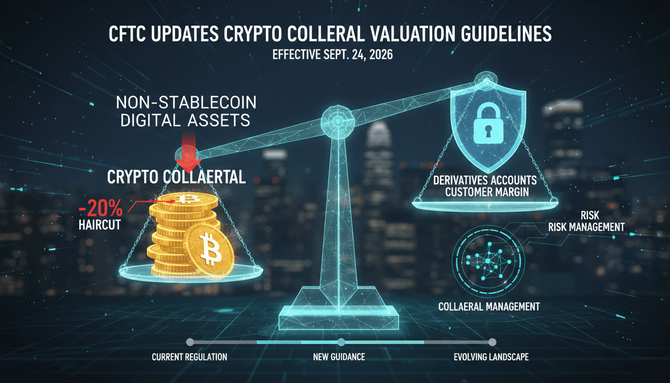 Infographic showing CFTC's crypto collateral valuation mechanics and implications of the 20% haircut.