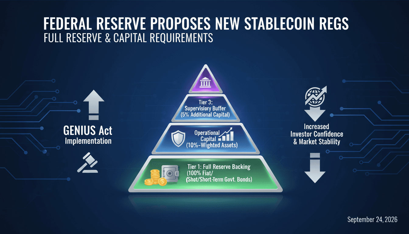 Infographic showing Federal Reserve's stablecoin reserve backing and capital requirements.