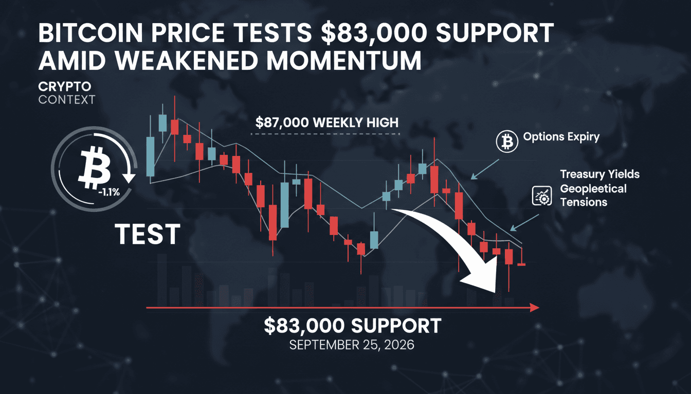 A chart illustrating Bitcoin's price movement testing the $83,000 support level with bearish momentum indicators.