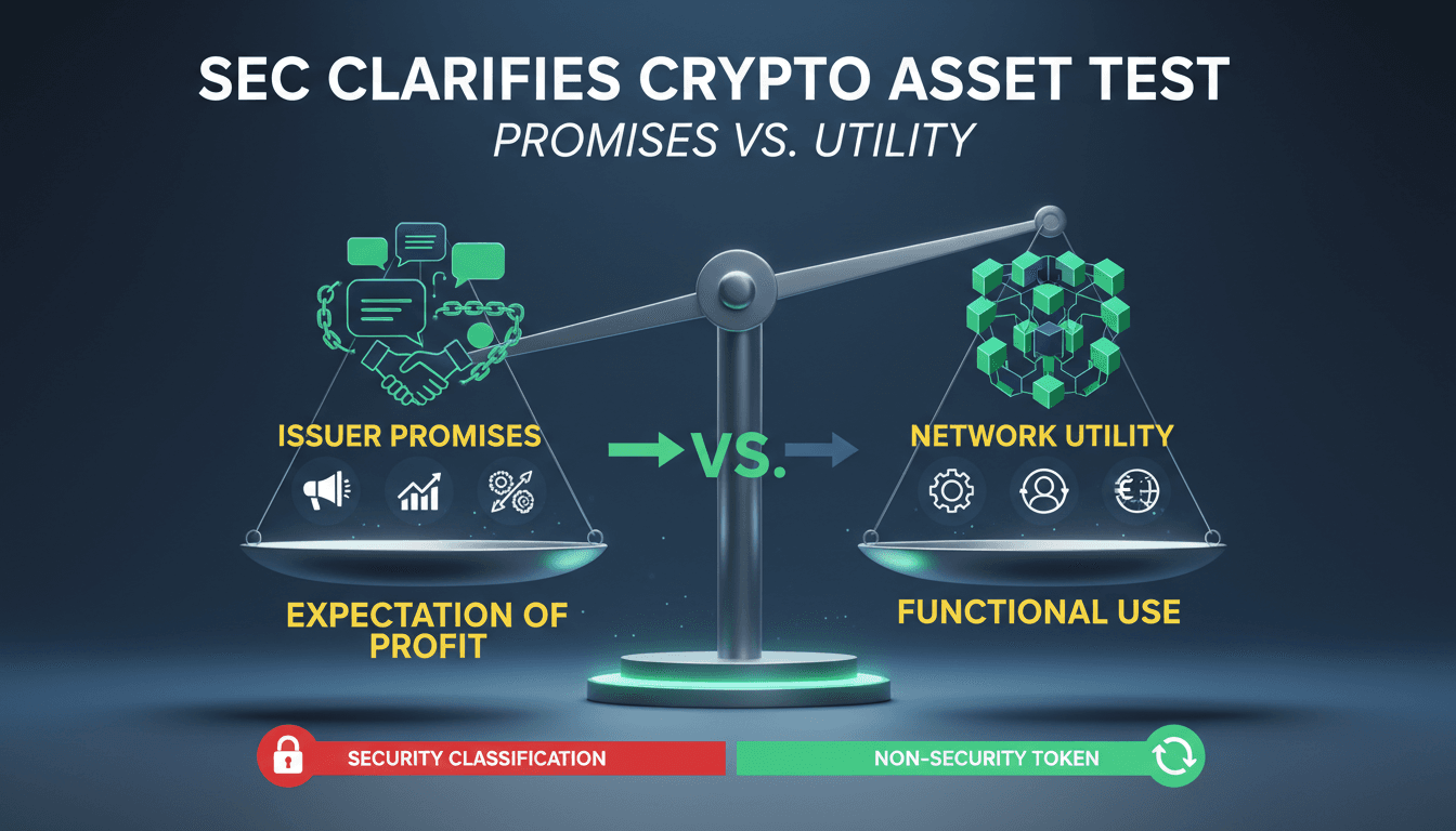 Infographic showing SEC's guidance on crypto asset classification and issuer promises.
