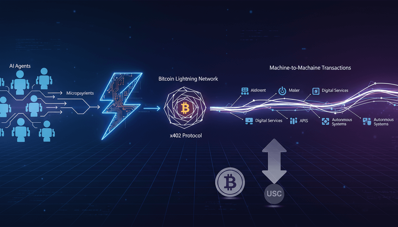 Infographic showing Bitcoin Lightning integration into x402 protocol for AI agent payments.