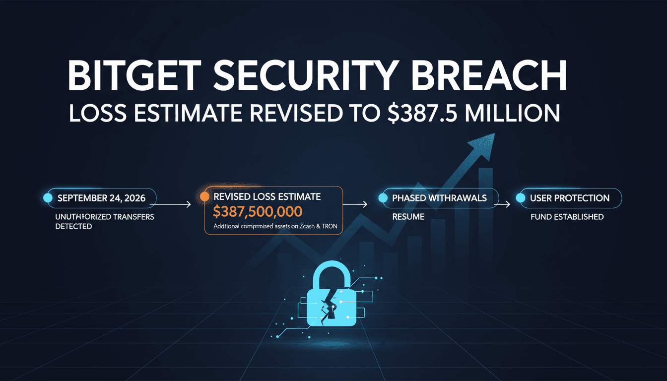 Infographic detailing Bitget's security breach timeline and revised loss estimate of $387.5 million.