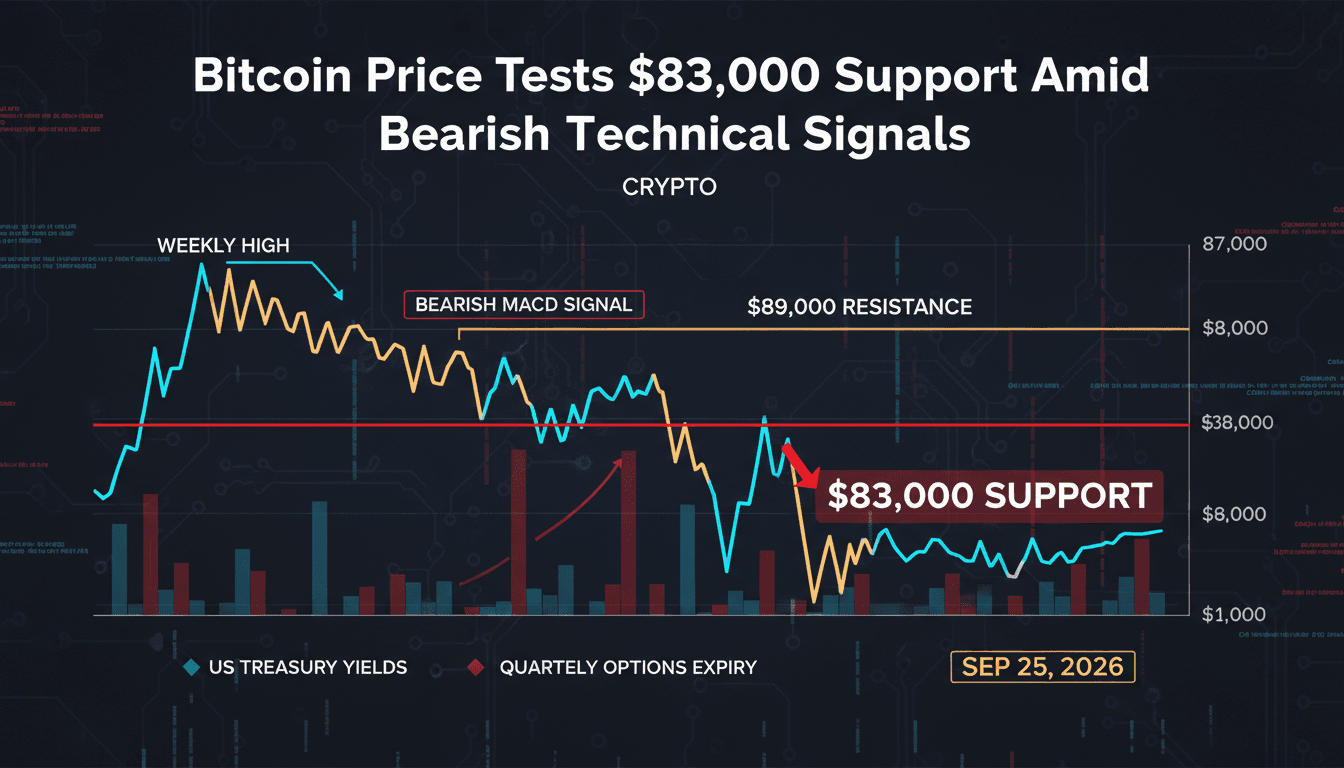A chart illustrating Bitcoin's price movement testing the $83,000 support level with bearish MACD signals.