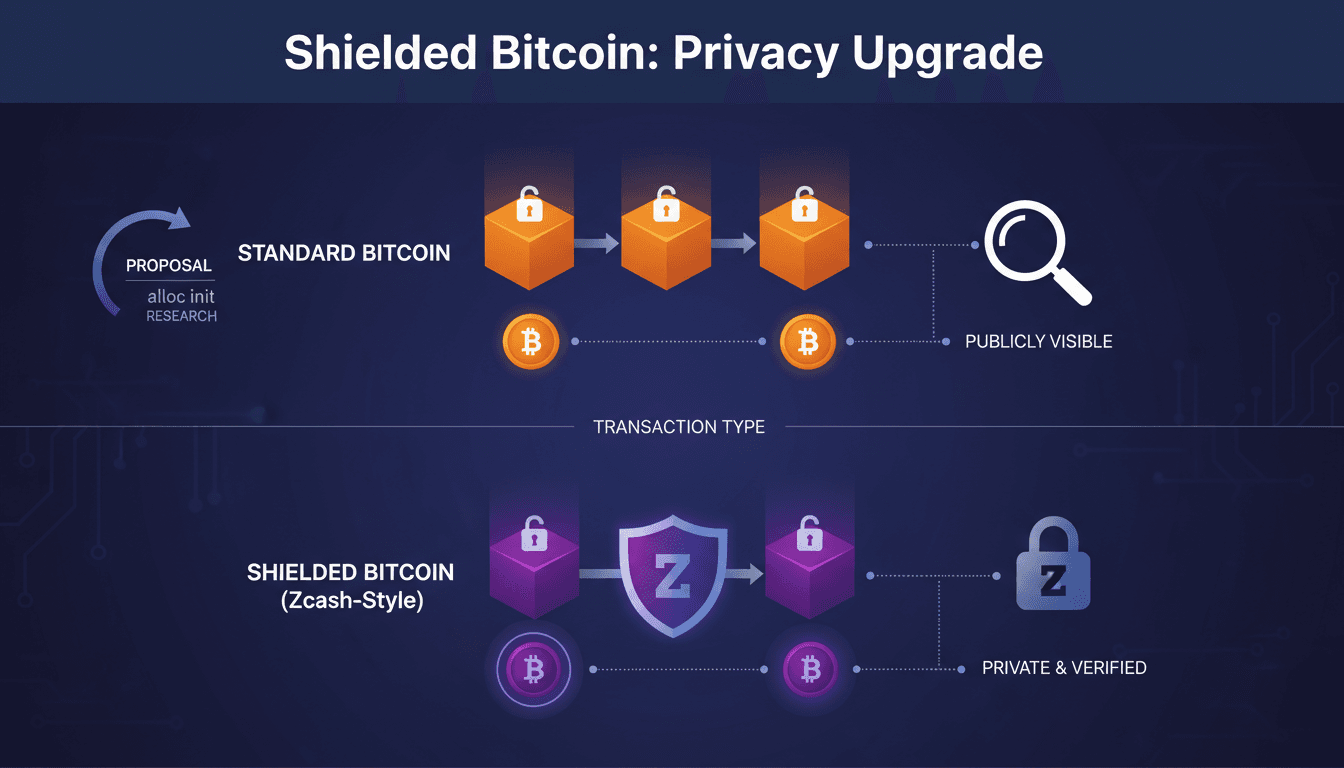 Infographic showing the mechanics of Shielded Bitcoin transactions versus standard Bitcoin transactions.
