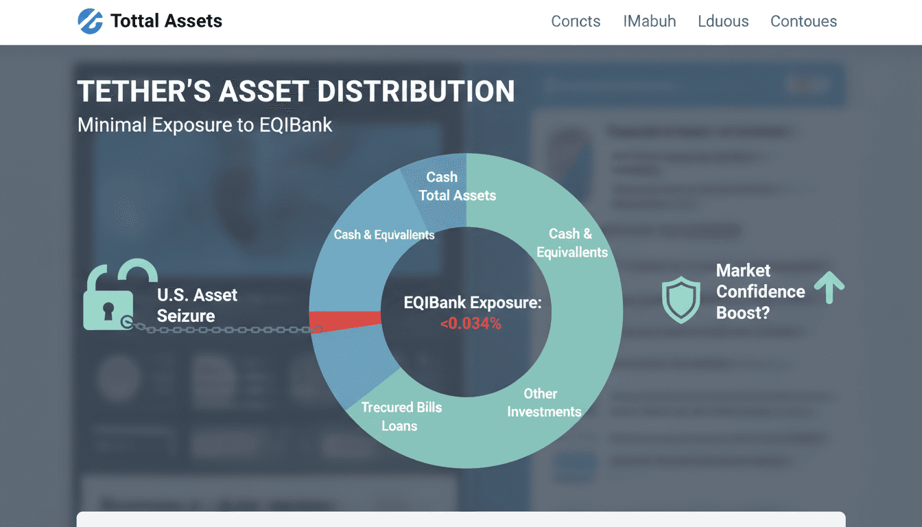 Infographic illustrating Tether's minimal exposure to EQIBank and its asset distribution.