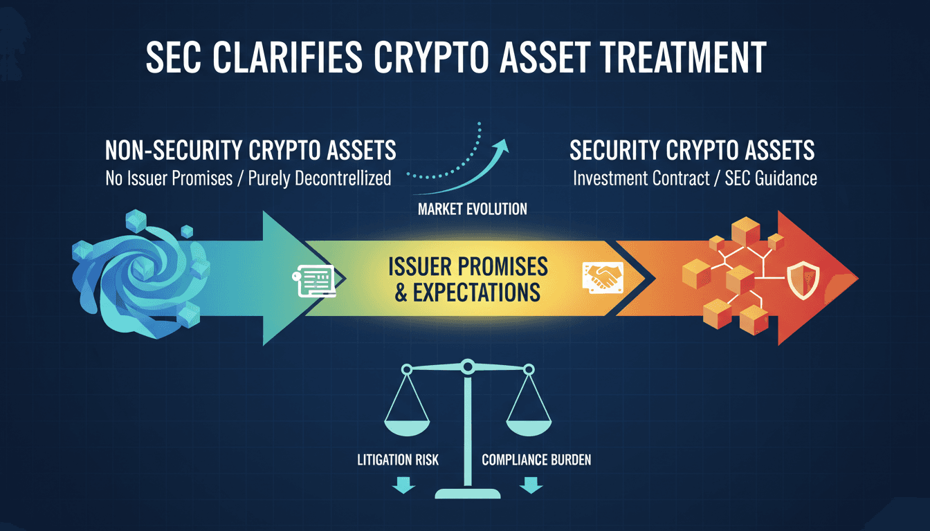 Infographic showing SEC guidance on crypto asset treatment and investment contracts.