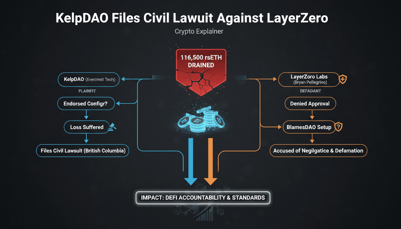 A visual representation of the KelpDAO and LayerZero lawsuit, focusing on the exploit and its implications for DeFi.