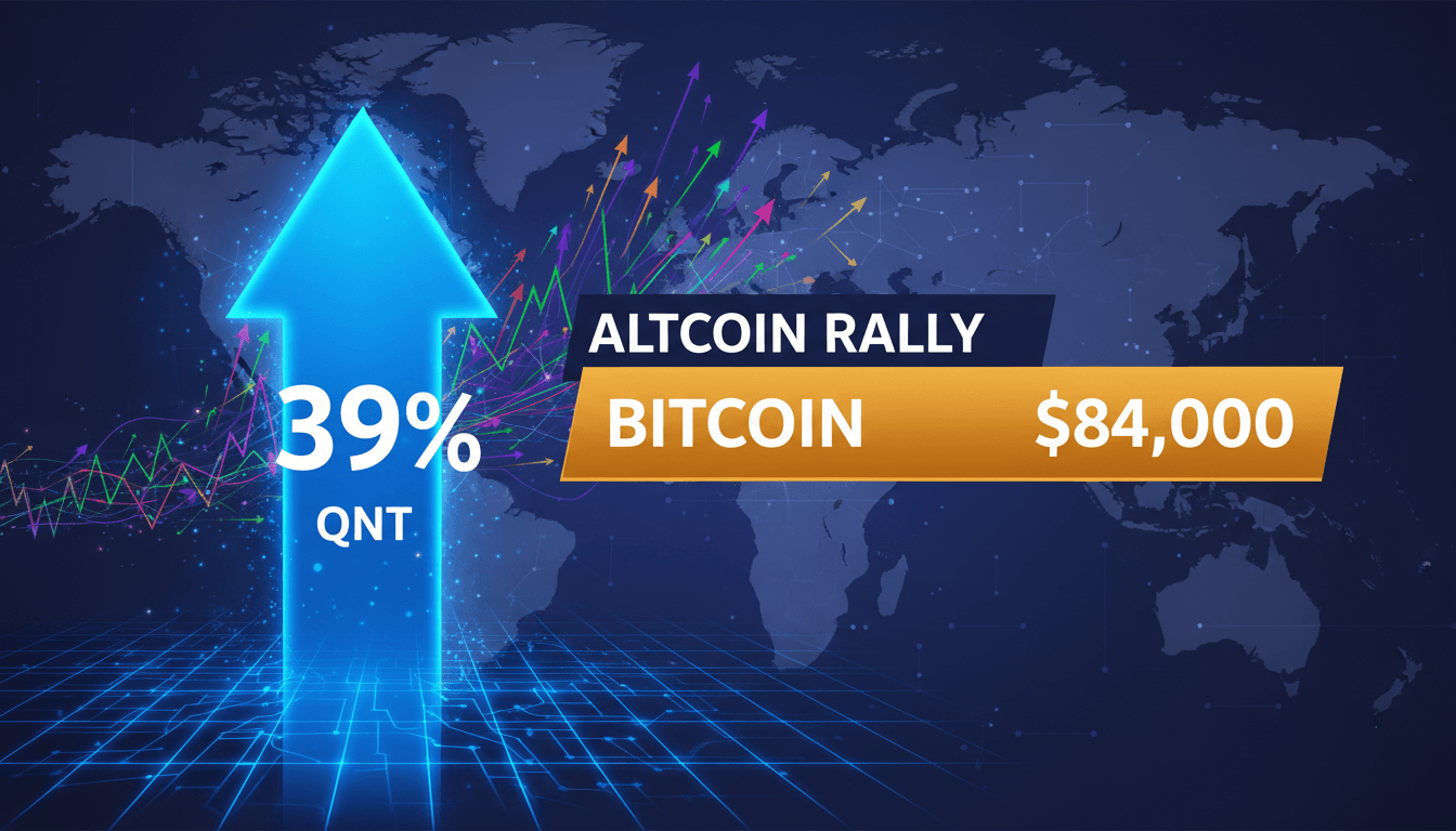 A graphic illustrating the surge of Quant amid Bitcoin's stabilization, emphasizing the altcoin rally's impact.