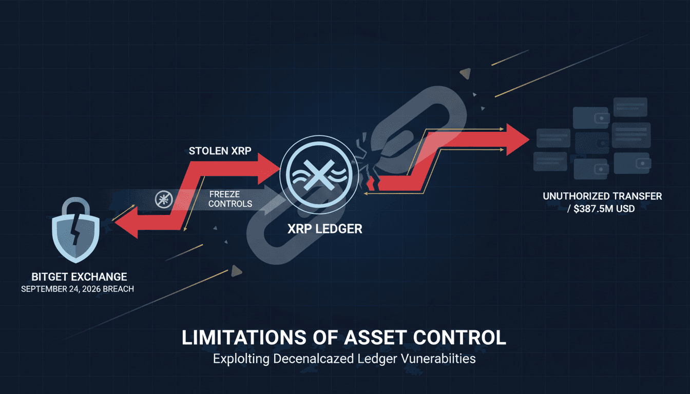 Infographic showing the flow of stolen XRP and the limitations of freeze controls on the XRP Ledger.