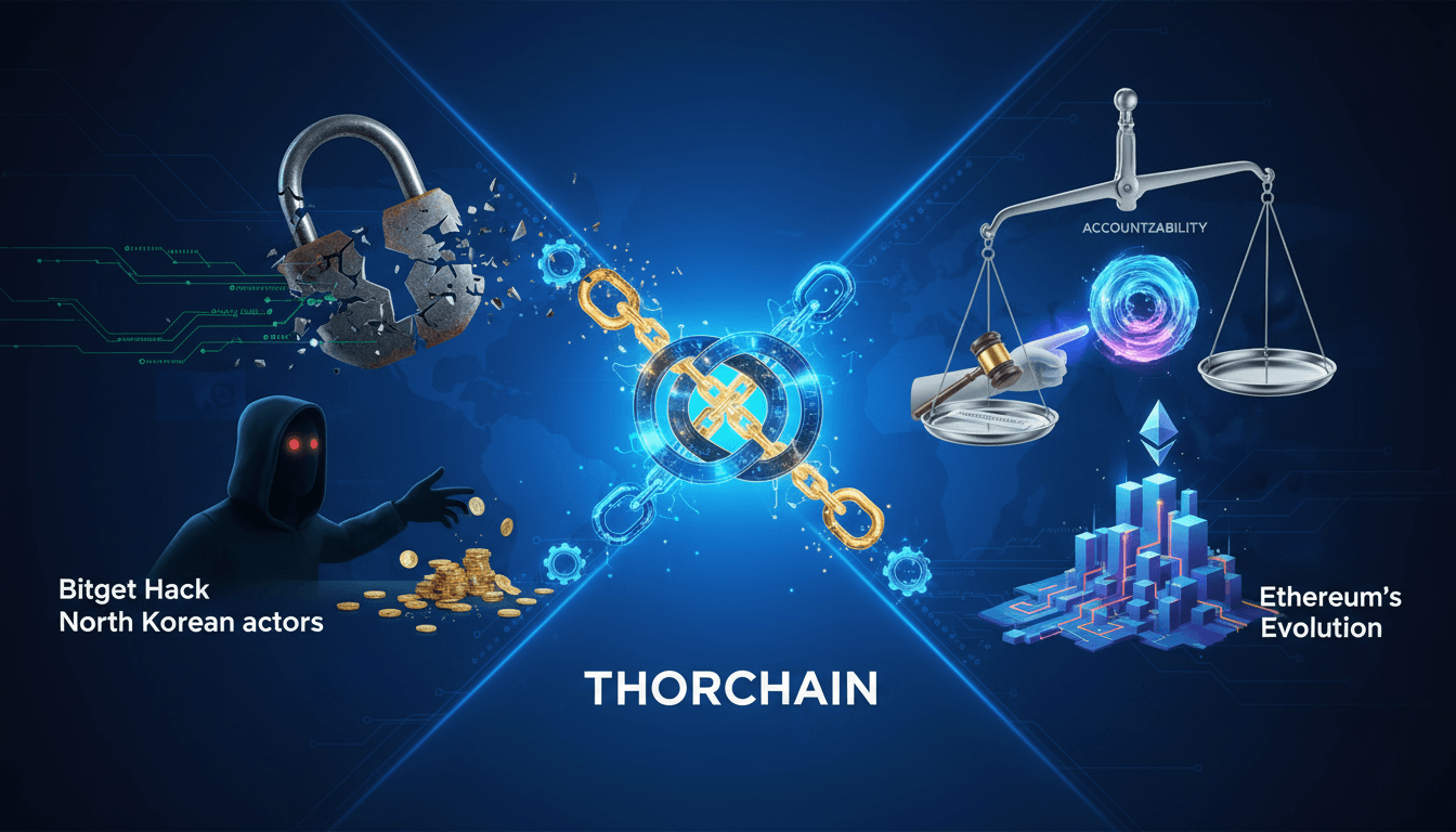 A graphic showing the tension between decentralization and accountability in cryptocurrency following the Bitget hack.