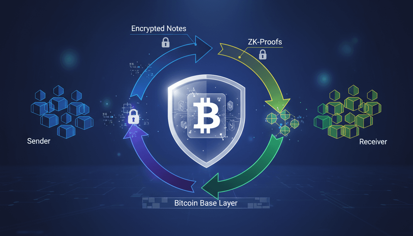 Diagram showing the flow of encrypted notes and zk-proofs in the Shielded Bitcoin system.