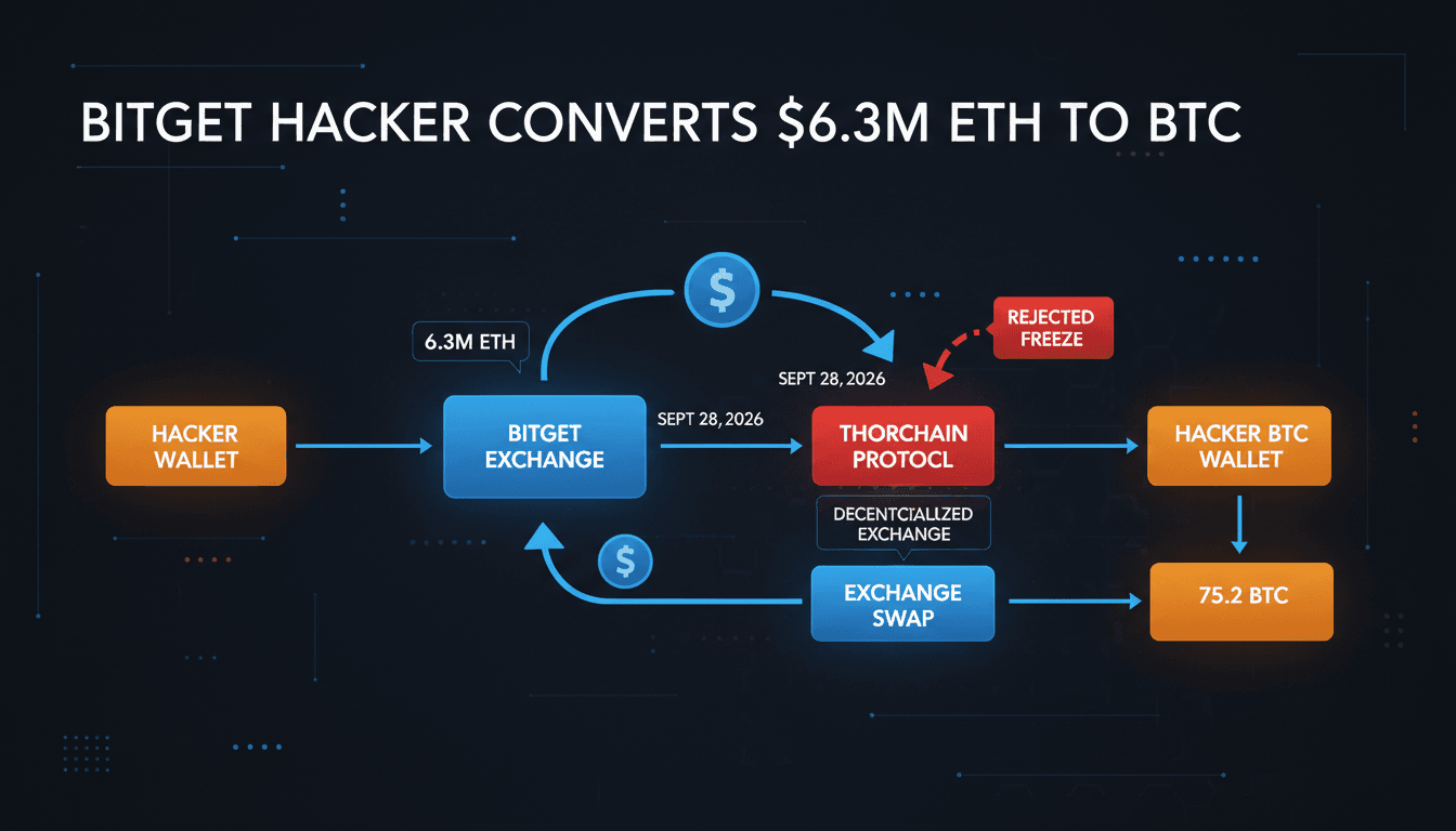 A visual representation of the Bitget breach showing the conversion of ETH to BTC and the involved parties.