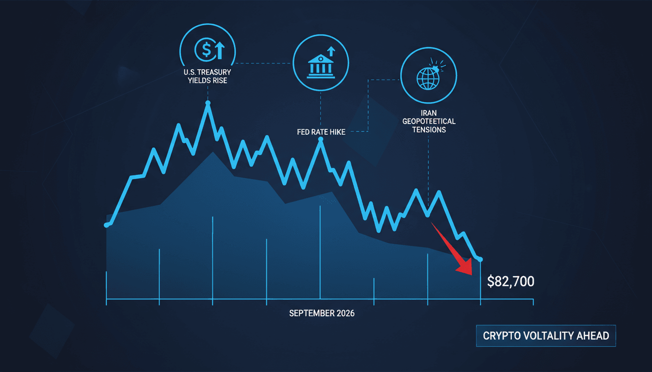 A graph illustrating Bitcoin's price decline below $83,000 alongside economic and geopolitical factors.