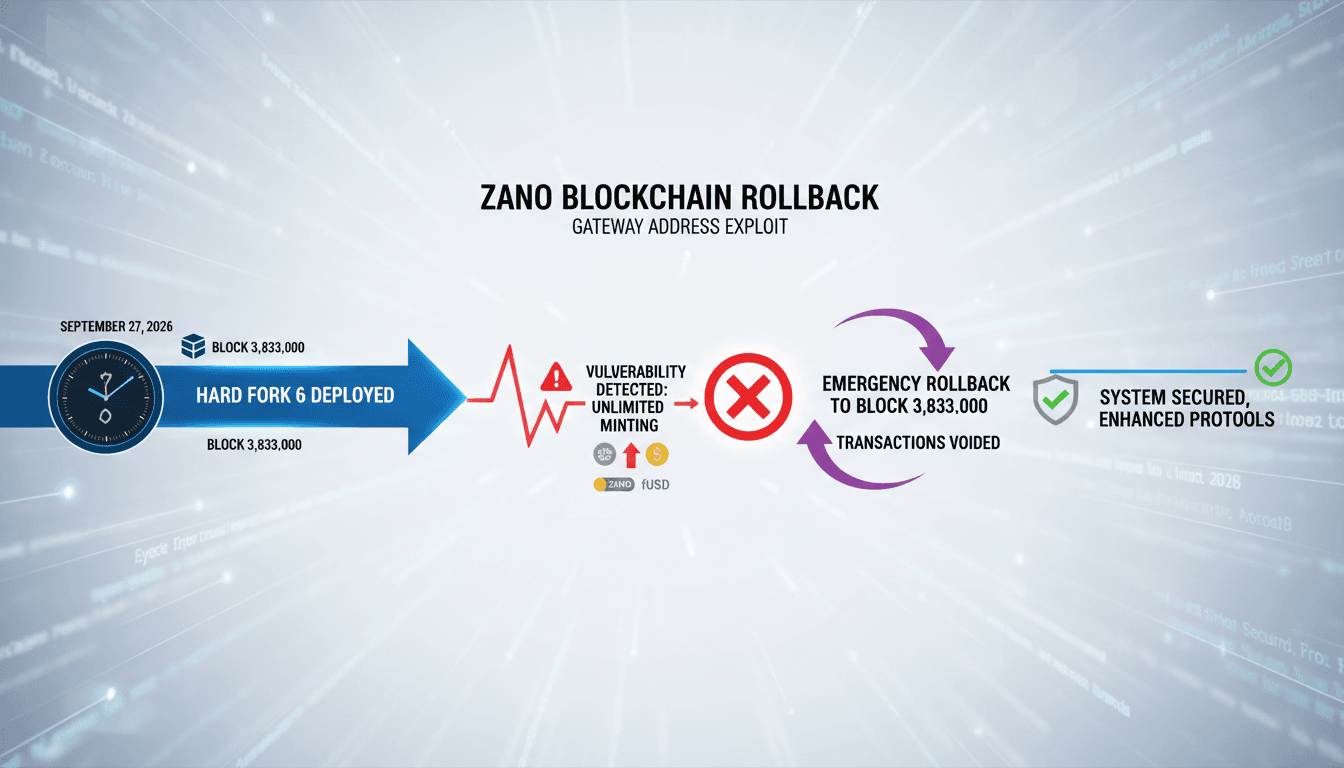 A timeline graphic showing Zano blockchain's rollback process and its impact on token transactions.