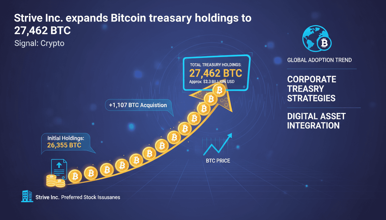 Infographic showing Strive Inc.'s Bitcoin acquisition and its impact on corporate treasury strategies.
