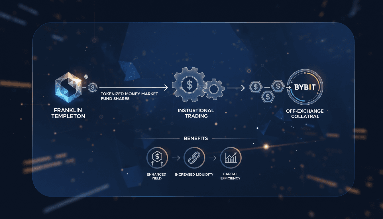 Infographic showing the flow of tokenized collateral from Franklin Templeton to Bybit, emphasizing benefits for institutional traders.