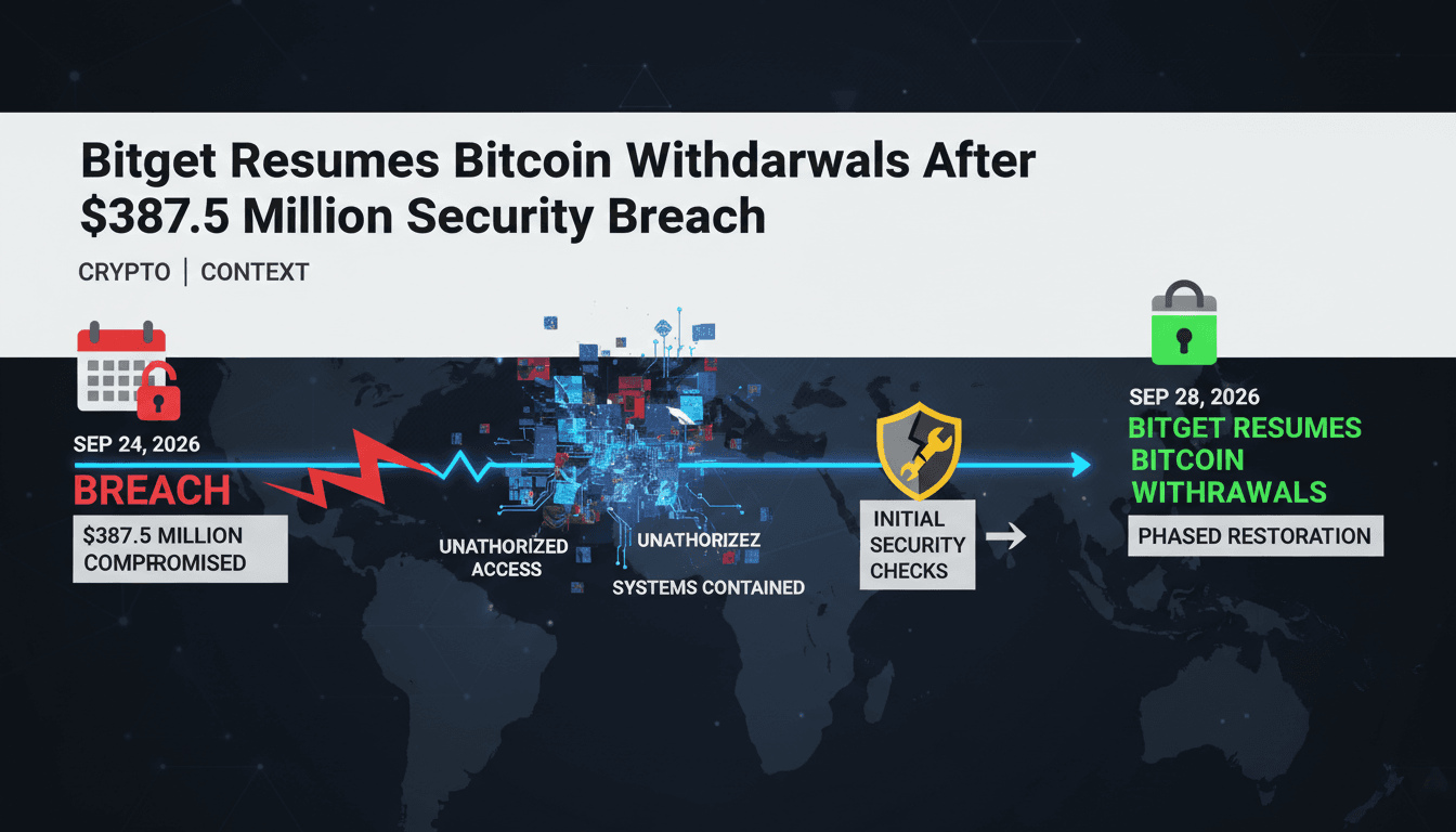 Infographic detailing the timeline of Bitget's $387.5 million security breach and withdrawal restoration process.