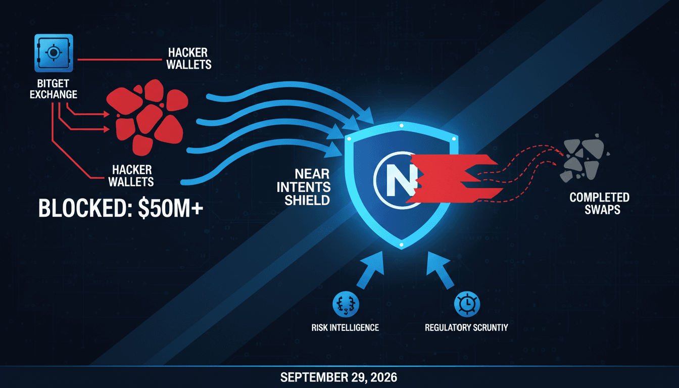 Infographic showing the flow of funds from the Bitget hack through NEAR Intents, highlighting blocked and completed transactions.
