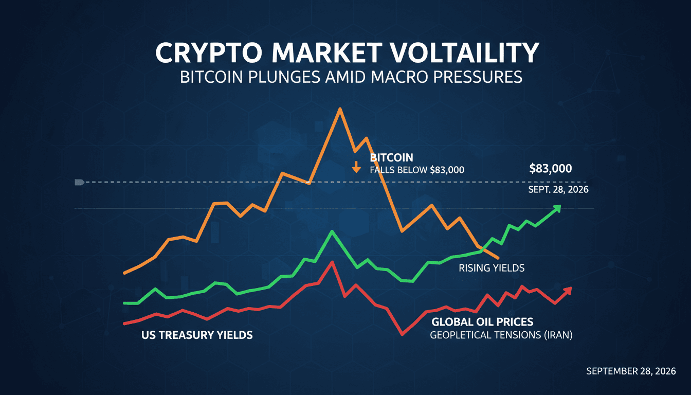 A graph illustrating Bitcoin's price drop below $83,000 amid rising Treasury yields and geopolitical tensions.
