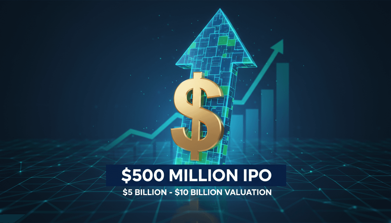 A graphic illustrating Blockchain.com's $500 million IPO target and valuation range in the cryptocurrency market.