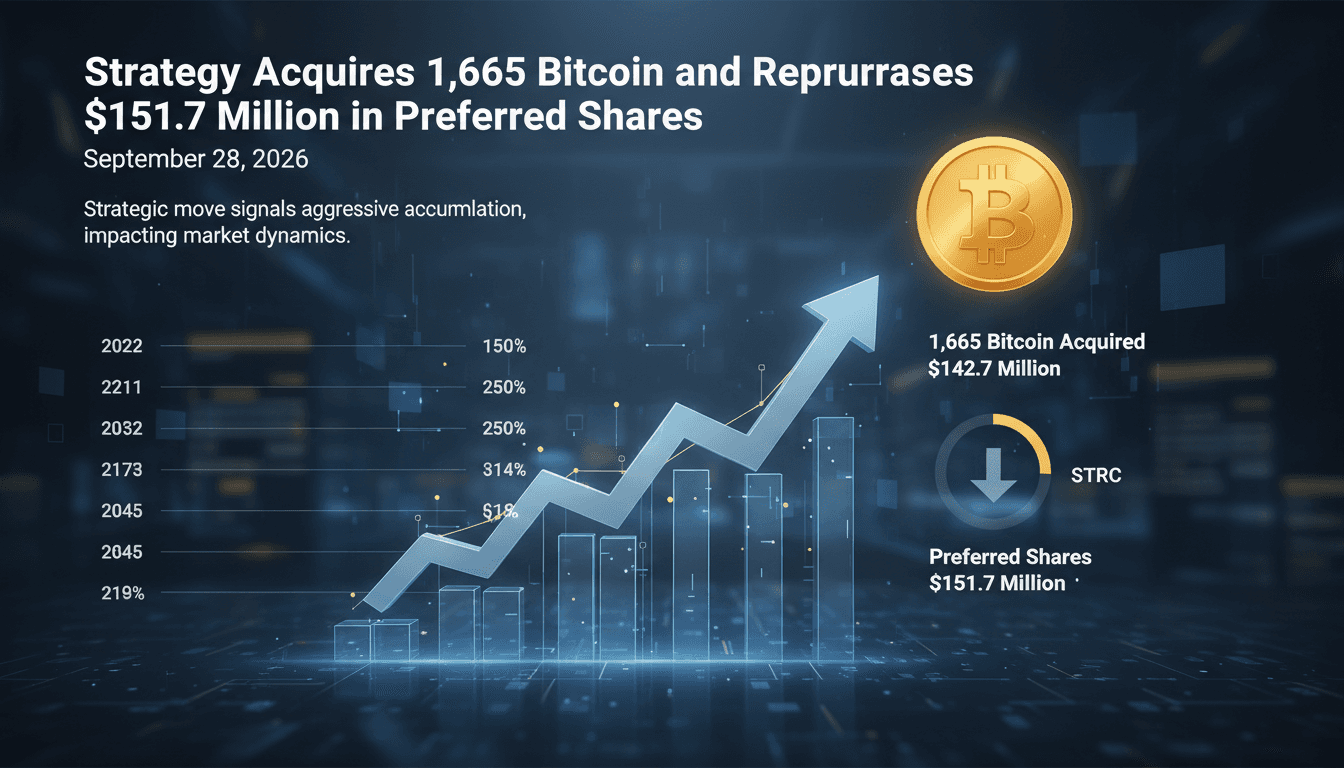 Infographic showing Strategy's Bitcoin acquisition and share repurchase details, highlighting the impact on corporate treasury management.