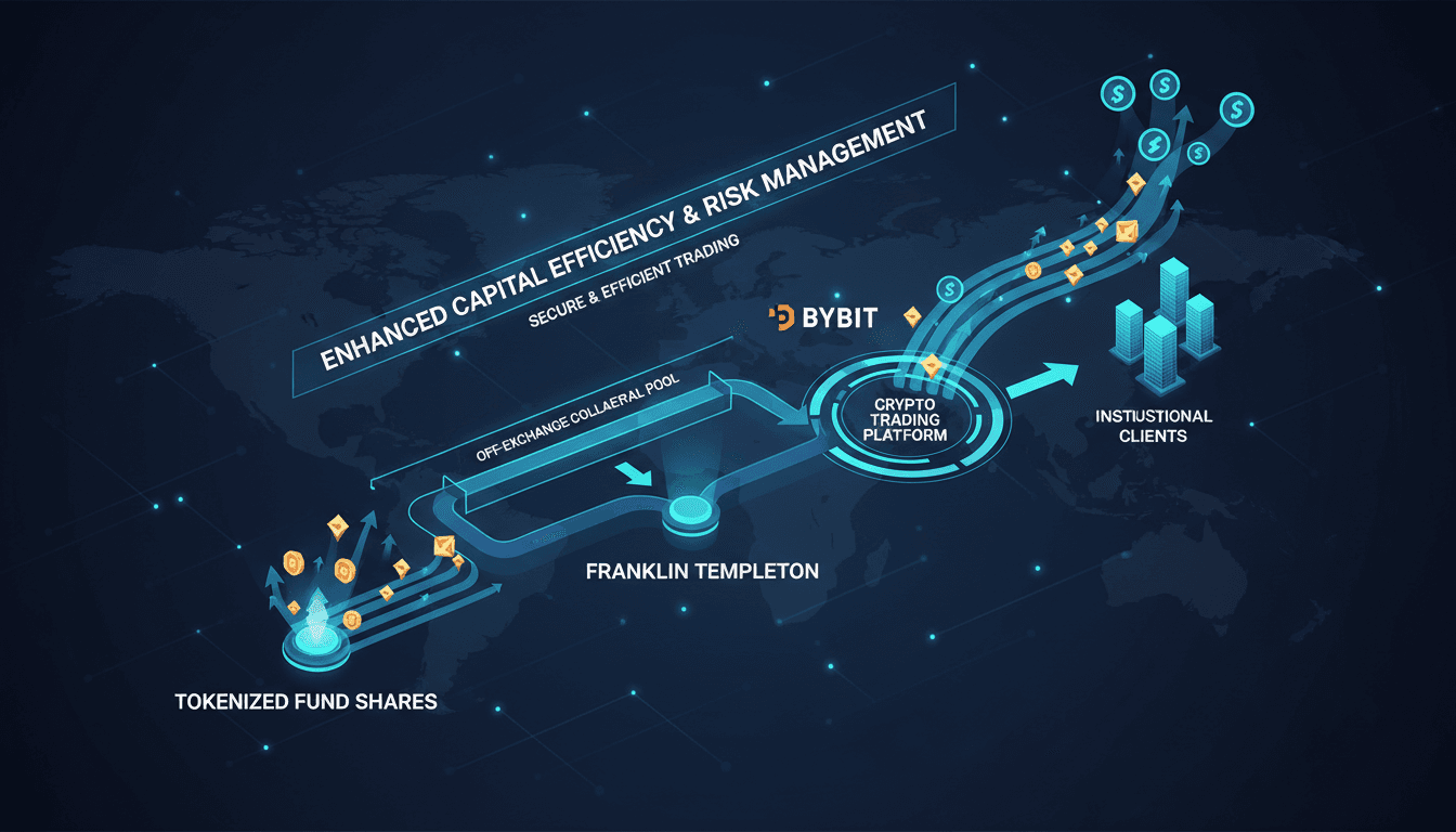 Infographic showing Bybit and Franklin Templeton's tokenized fund shares collateral program in crypto trading.
