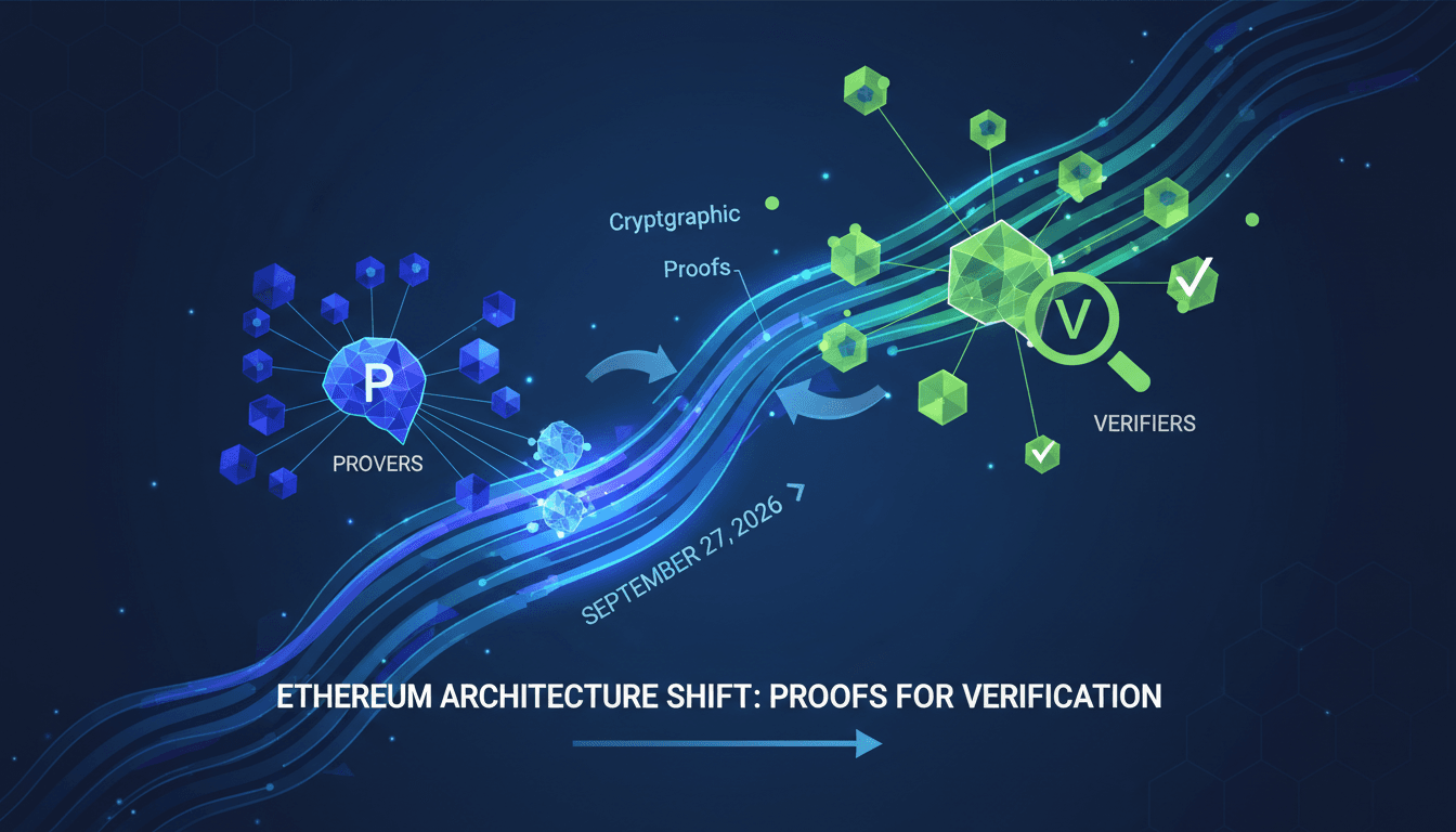 Infographic showing Ethereum's new architecture with roles of provers and verifiers in cryptographic proofs.