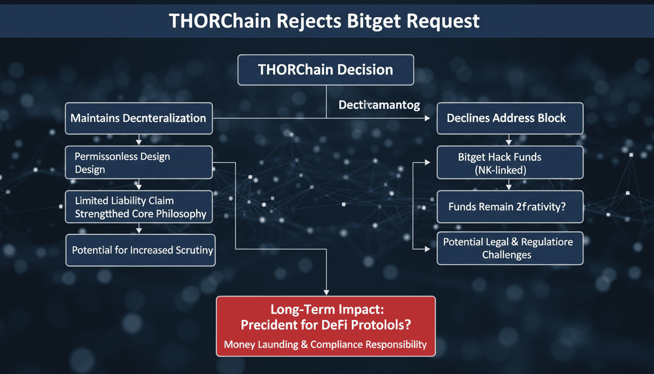 A visual representation of THORChain's legal challenges following the Bitget hack, highlighting compliance issues in DeFi.