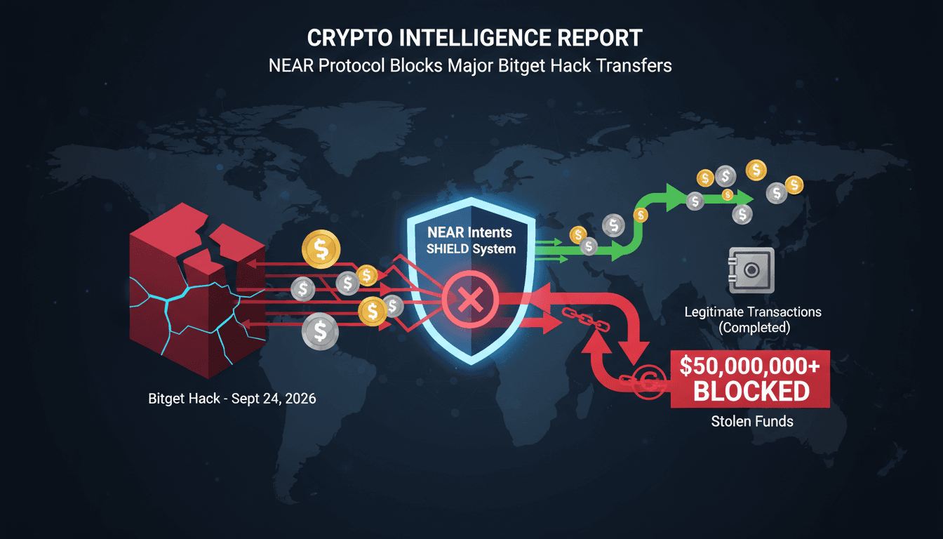 Infographic showing the flow of funds from the Bitget hack through NEAR Intents' SHIELD system, highlighting blocked and completed transactions.