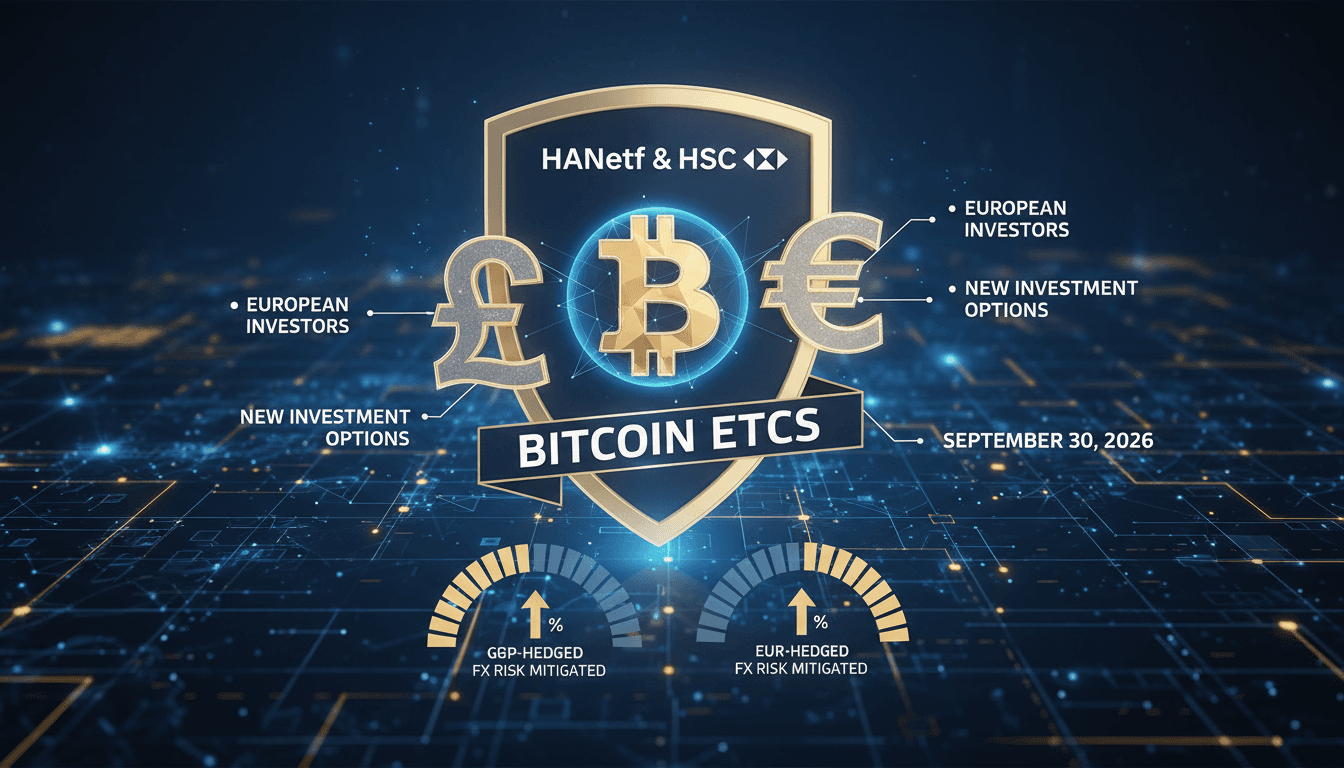A visual representation of HANetf and HSBC's new GBP- and EUR-hedged Bitcoin exchange-traded commodities.