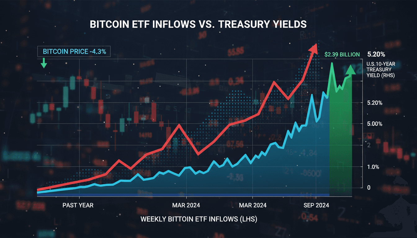 A financial chart showing the relationship between Bitcoin ETF inflows and U.S. Treasury yields.