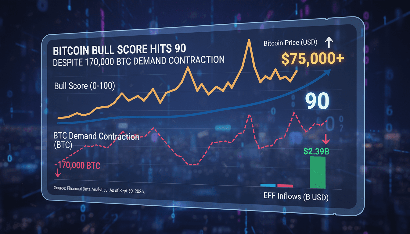 A chart showing Bitcoin's Bull Score and demand metrics over time.