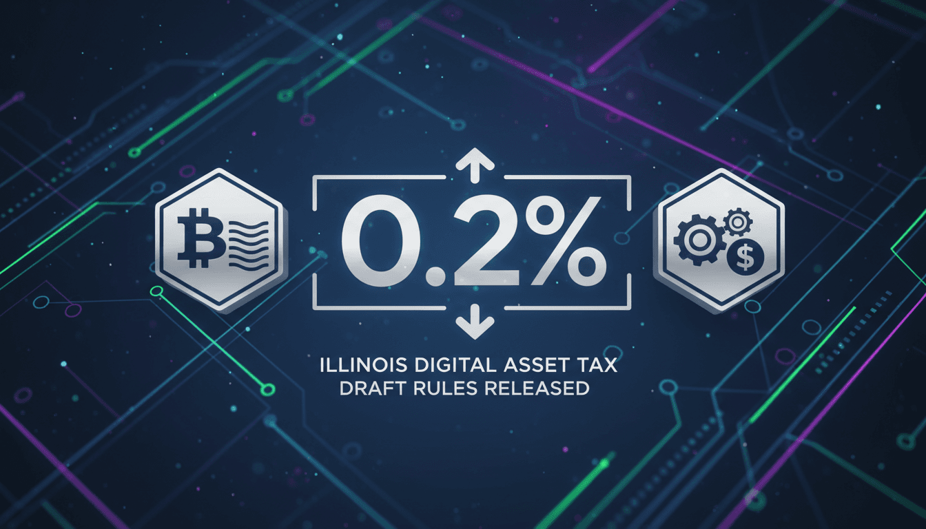A graphic illustrating the 0.2% digital asset tax with icons of digital currencies and transaction processes.
