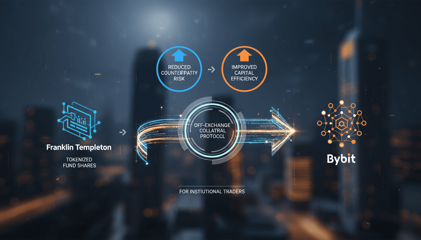 Infographic showing Bybit's new collateral strategy with Franklin Templeton for institutional trading.