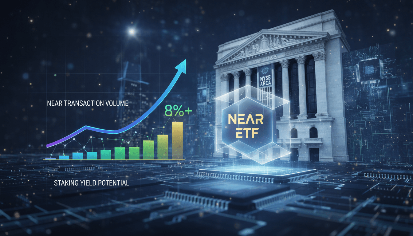 Infographic showing Bitwise NEAR ETF launch, staking rewards, and NEAR Protocol transaction growth.