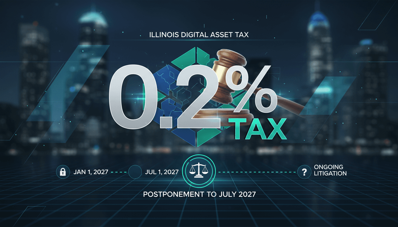 A graphic illustrating the 0.2% digital asset tax delay in Illinois with a timeline of legal challenges.