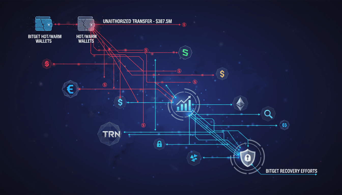 Infographic showing the flow of stolen funds from Bitget's wallets and recovery efforts.