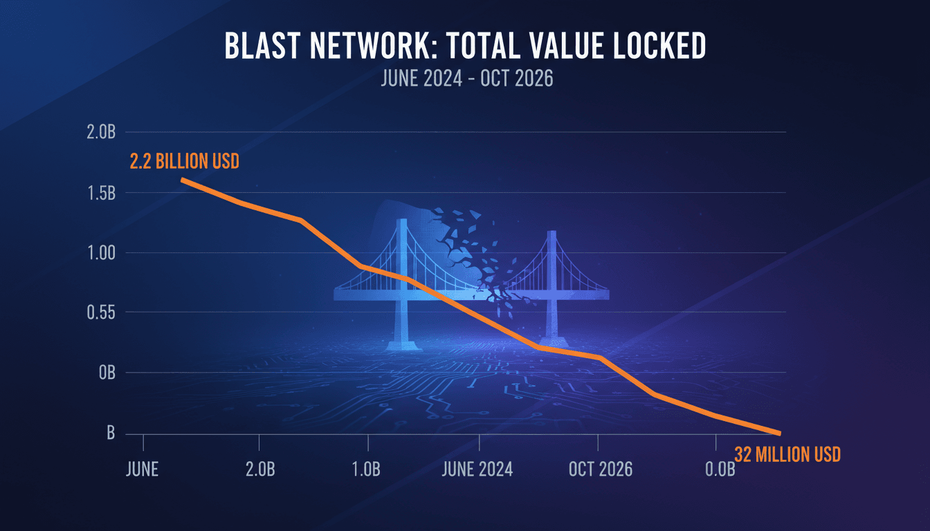Infographic showing the decline in total value locked for Blast Ethereum Layer 2 network from June 2024 to October 2026.
