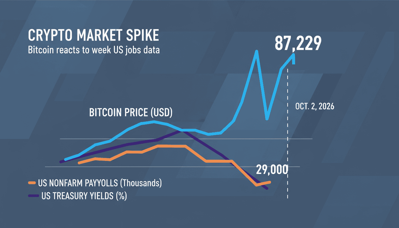 A chart showing Bitcoin's price spike to $87,229 following the release of weak US jobs data.