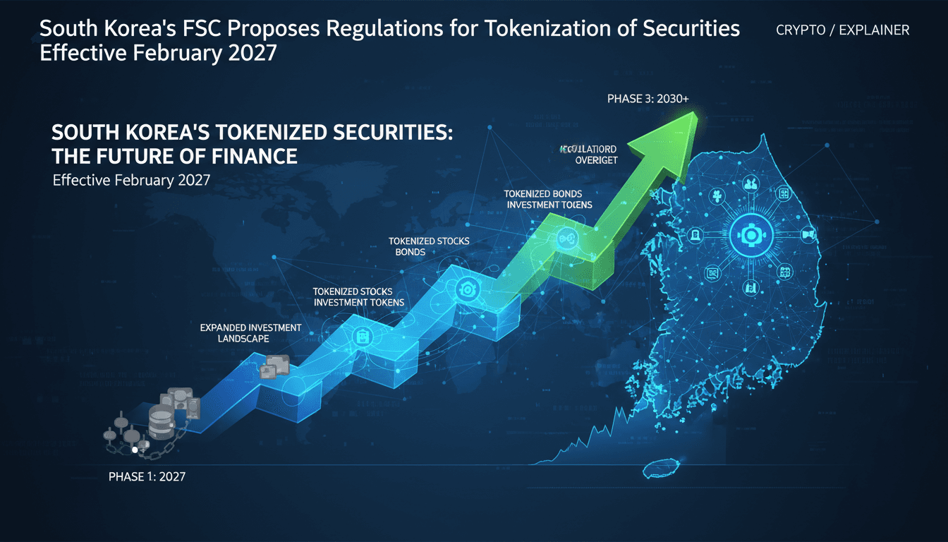 Infographic showing South Korea's new tokenization regulations for stocks and bonds.
