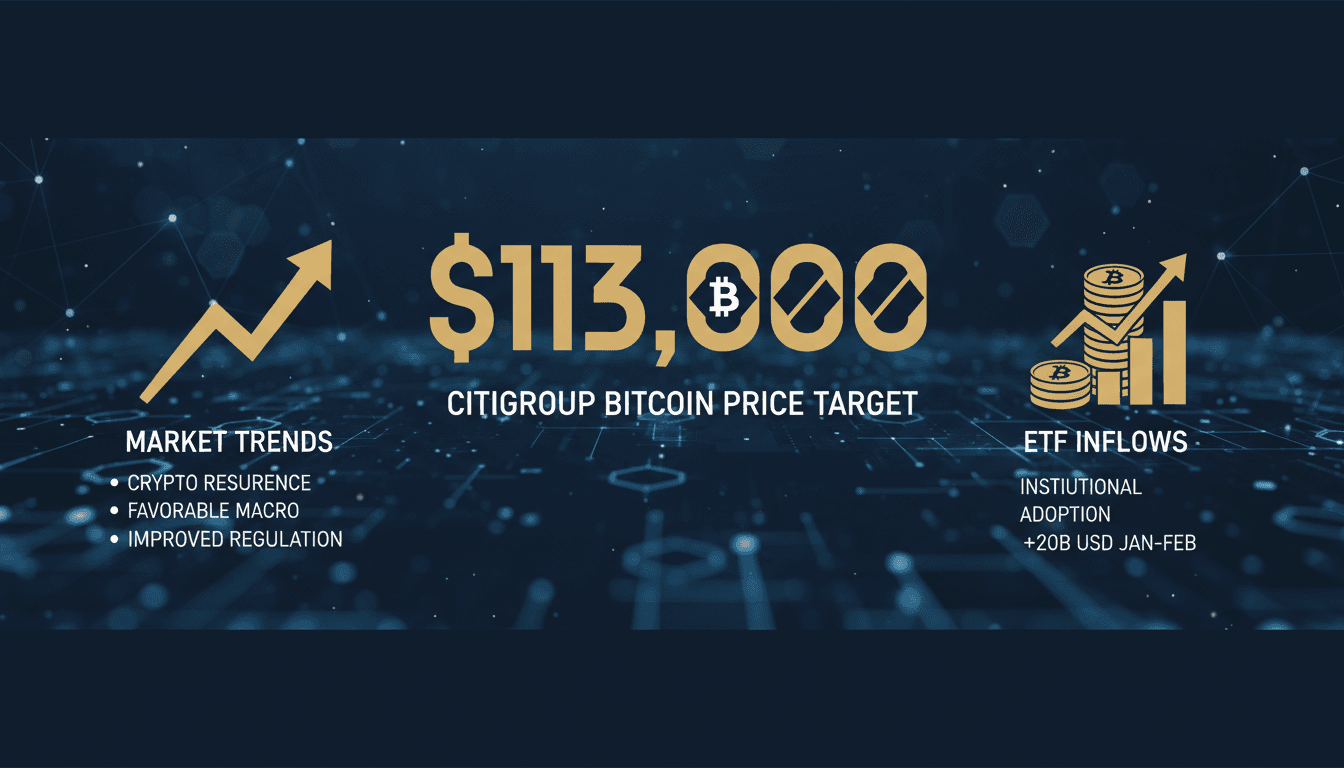 A visual representation of Citigroup's Bitcoin price target of $113,000 with market trends and ETF inflow data.